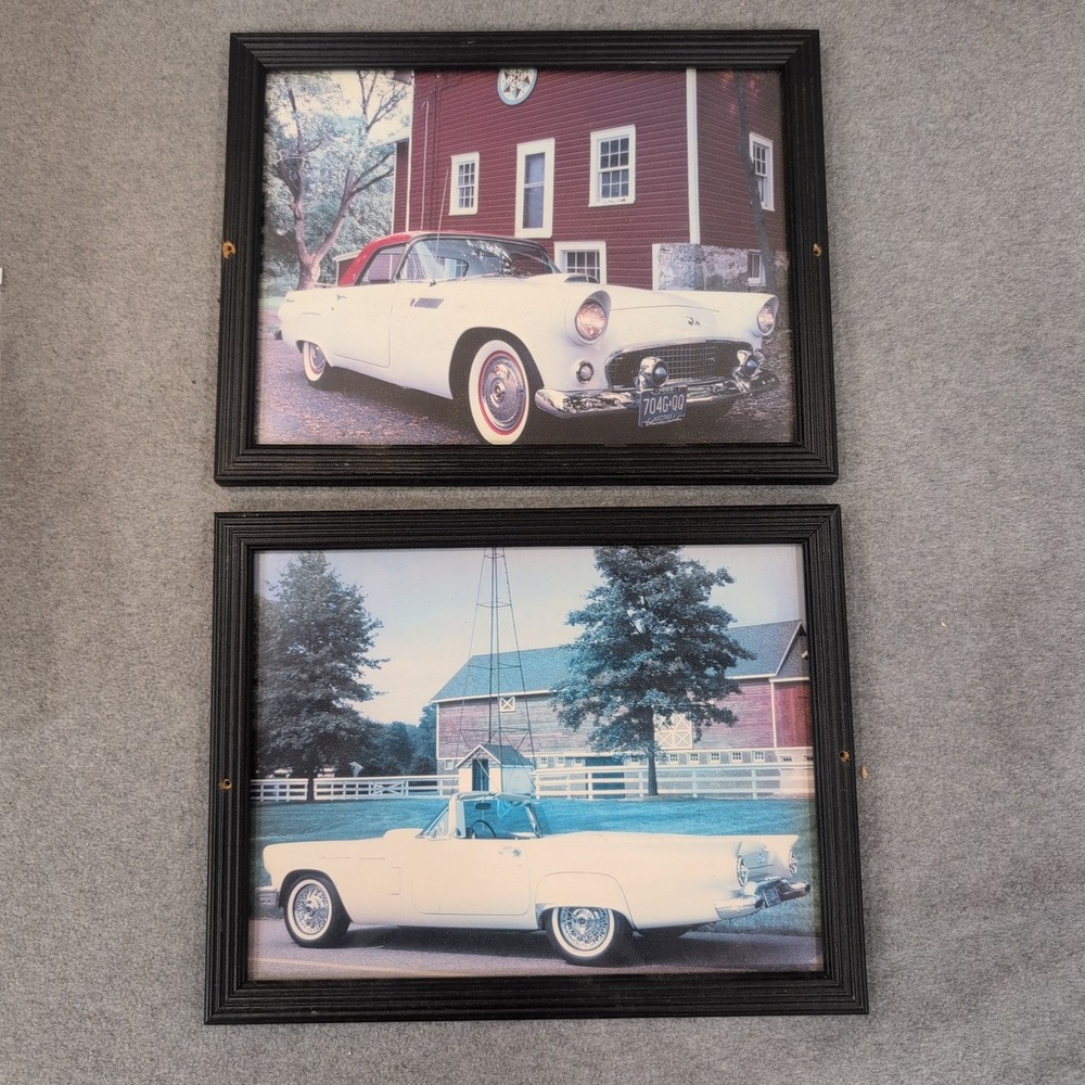 Vintage Ford Thunderbird Framed Car Prints Set of 2 White Convertible Wall Art - Picture 1 of 4